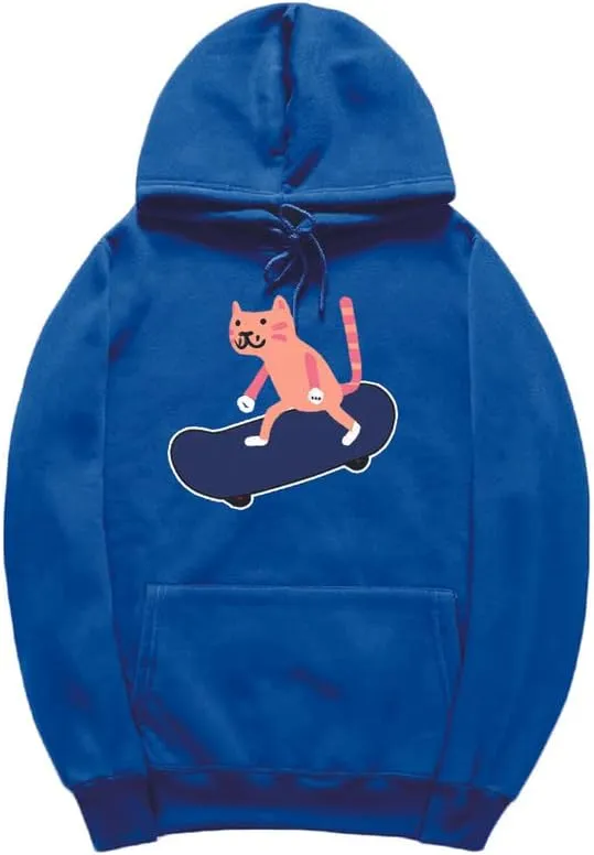 CORIRESHA Unisex Cartoon Skateboard Cat Hoodie Casual Long Sleeve Cozy Cotton Sweatshirt