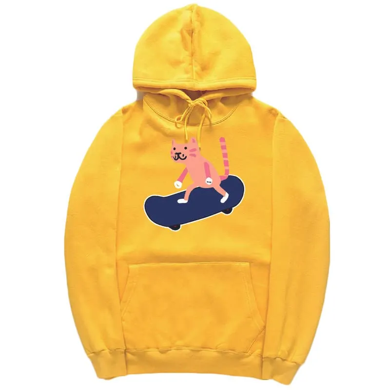 CORIRESHA Unisex Cartoon Skateboard Cat Hoodie Casual Long Sleeve Cozy Cotton Sweatshirt