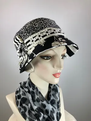Cotton and Linen Summer Cloche Hat. Small Brim Hat for Women. Ladies Summer Travel Hat. Black White bucket hat. Mixed fabric casual hat.