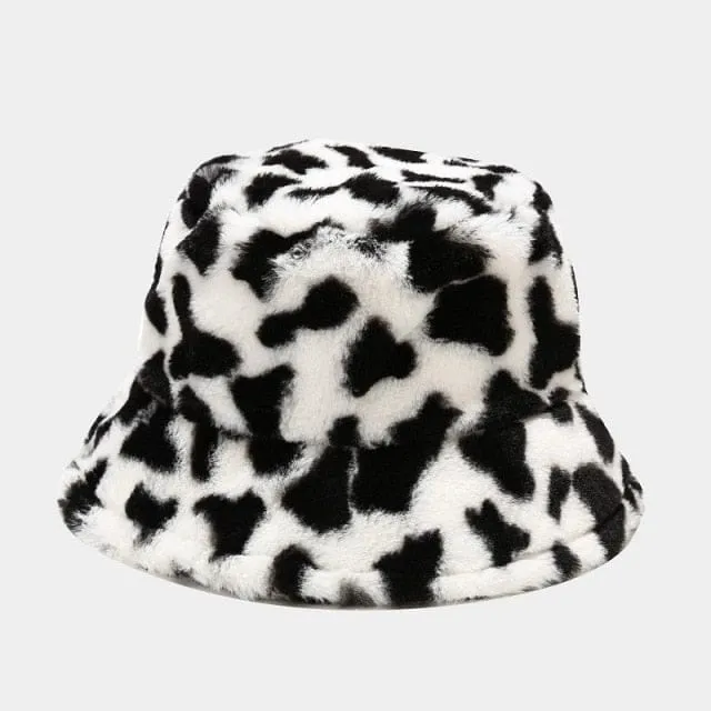 Cow Print Plush Bucket Hat