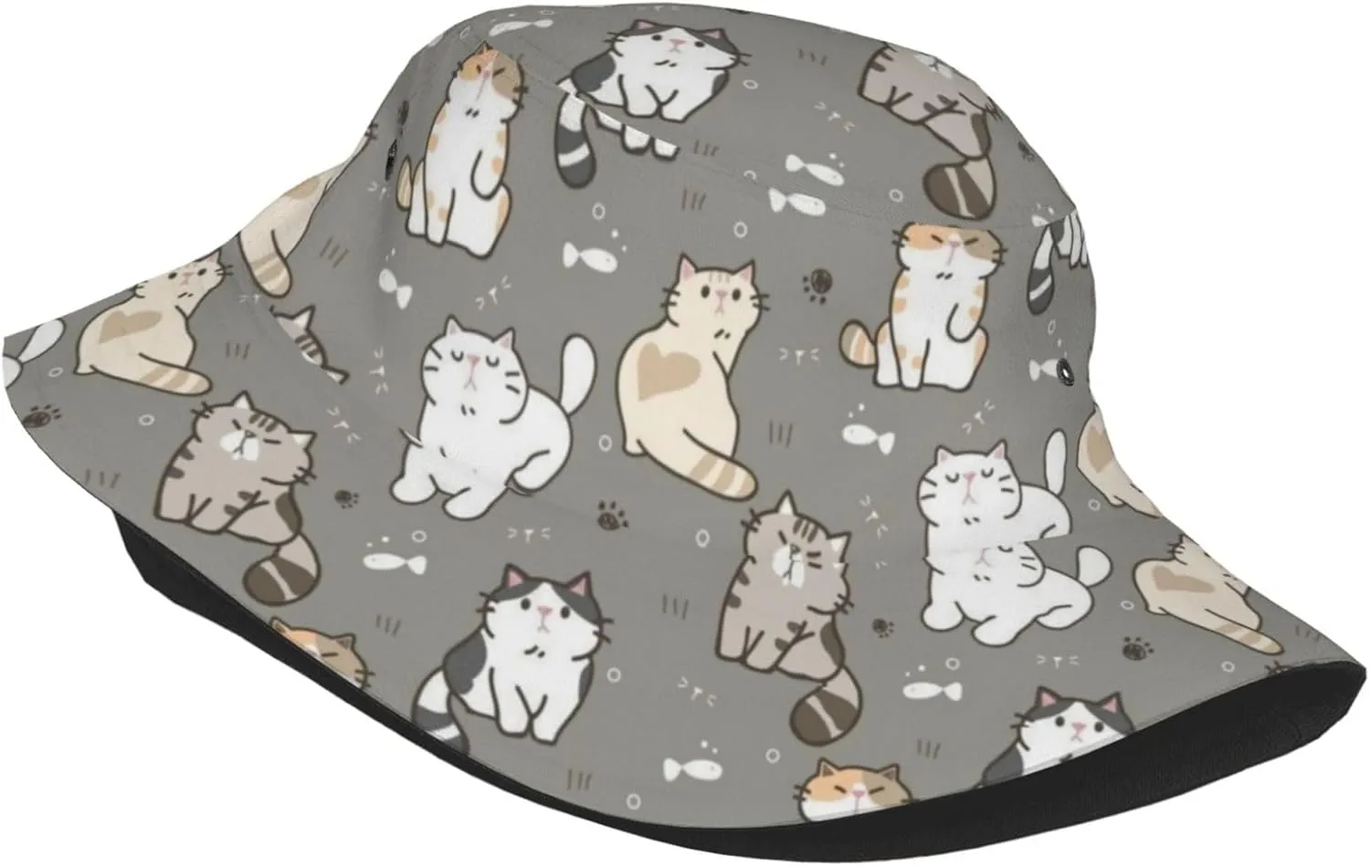 Cute Cat Print Bucket Hat Fisherman Hat Beach Travel Sun Hat Outdoor Cat Cap for Men Women