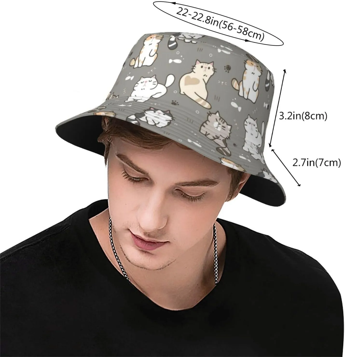 Cute Cat Print Bucket Hat Fisherman Hat Beach Travel Sun Hat Outdoor Cat Cap for Men Women
