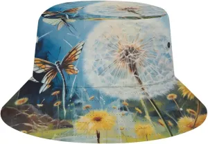 Dandelions Butterfly Print Bucket Hat for Men Women Summer Beach Sun Hats Outdoor Hiking Fishing Caps