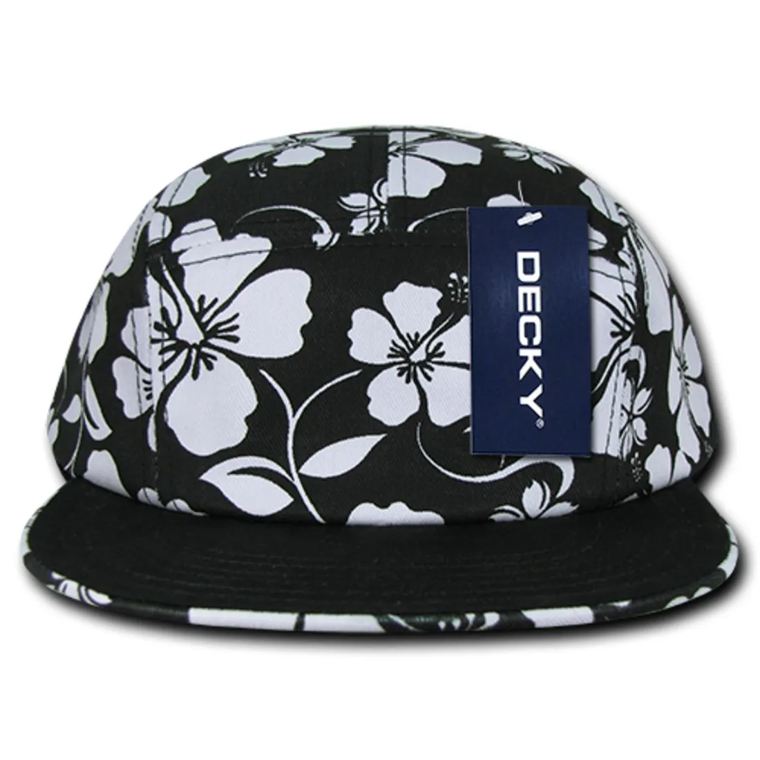 Decky 1070 Black & White Floral Hawaiian Snapback Hats 5 Panel Flat Bill Caps