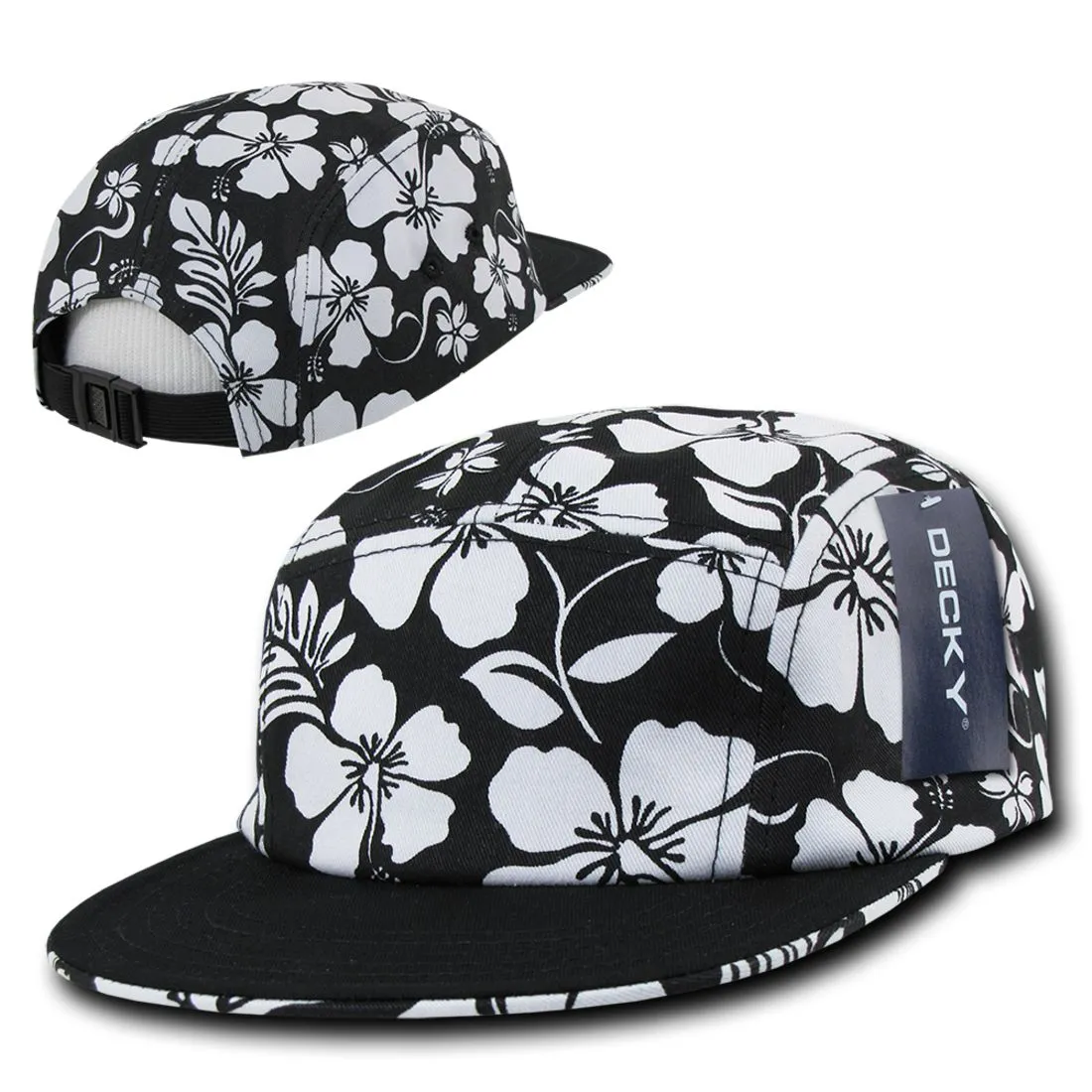 Decky 1070 Black & White Floral Hawaiian Snapback Hats 5 Panel Flat Bill Caps