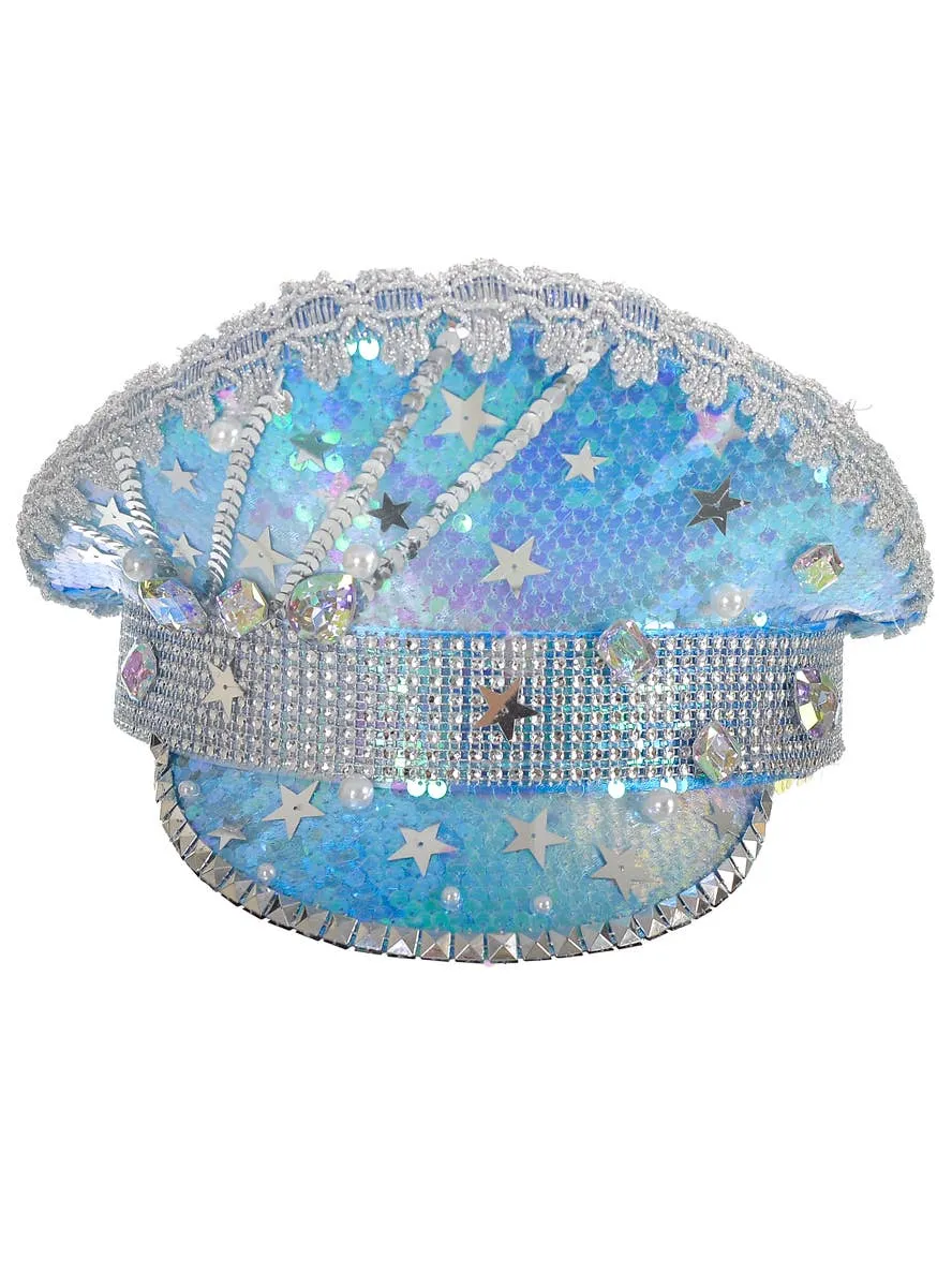 Deluxe Ice Blue Jewelled Festival Hat with Stars and Pearls