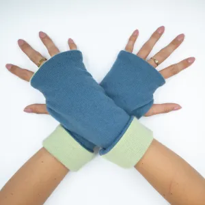 Denim Blue and Lime Green Luxury Reversible Cashmere Fingerless Gloves