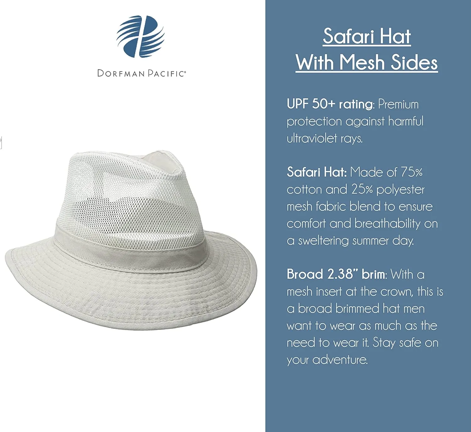 Dorfman Hat Co. Men's Garment Washed Twill Safari Hat With Mesh Sides