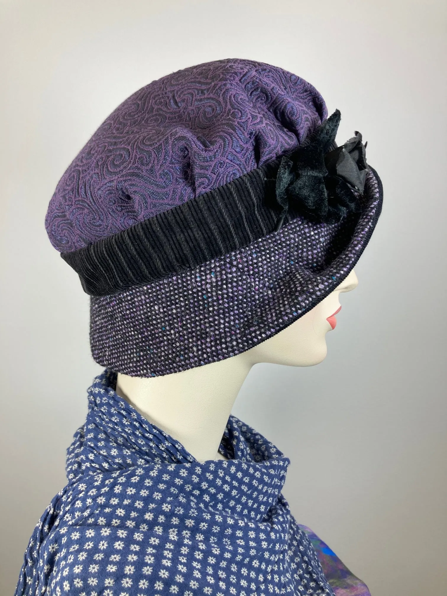 Downton Abbey Hat. Shabby chic hat. Black purple Cloche Hat. Winter bucket hat. Stylish small Hat. Womens Travel Hat. Great Gatsby Hat.