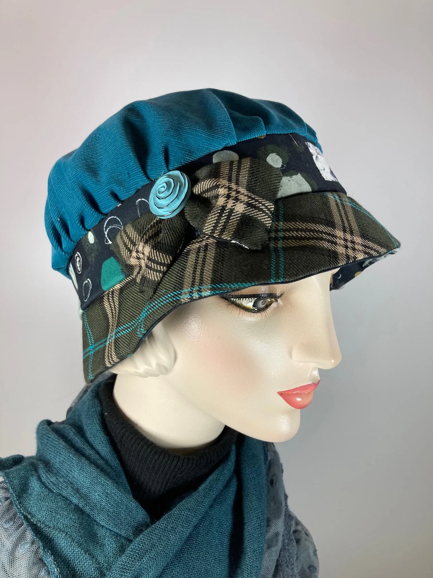 Downton Abbey Hat. Shabby chic hat. Teal black Cloche Hat. Winter bucket hat. Stylish Fabric Hat. Womens Travel Hat. Great Gatsby Hat.