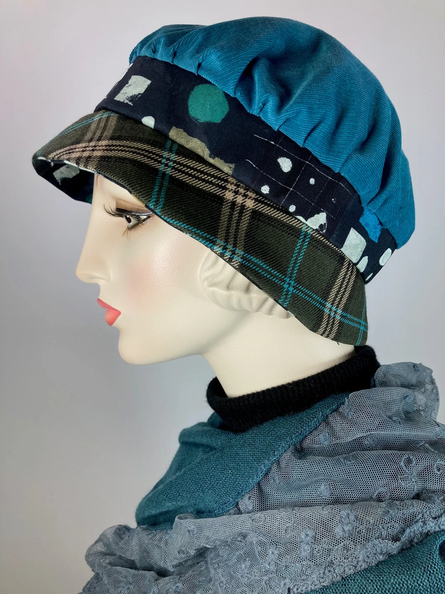 Downton Abbey Hat. Shabby chic hat. Teal black Cloche Hat. Winter bucket hat. Stylish Fabric Hat. Womens Travel Hat. Great Gatsby Hat.