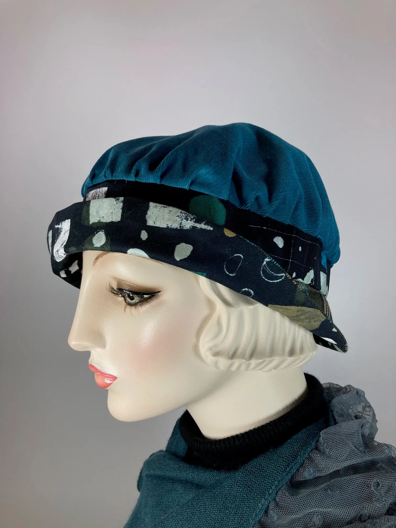 Downton Abbey Hat. Shabby chic hat. Teal black Cloche Hat. Winter bucket hat. Stylish Fabric Hat. Womens Travel Hat. Great Gatsby Hat.