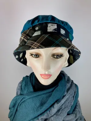 Downton Abbey Hat. Shabby chic hat. Teal black Cloche Hat. Winter bucket hat. Stylish Fabric Hat. Womens Travel Hat. Great Gatsby Hat.