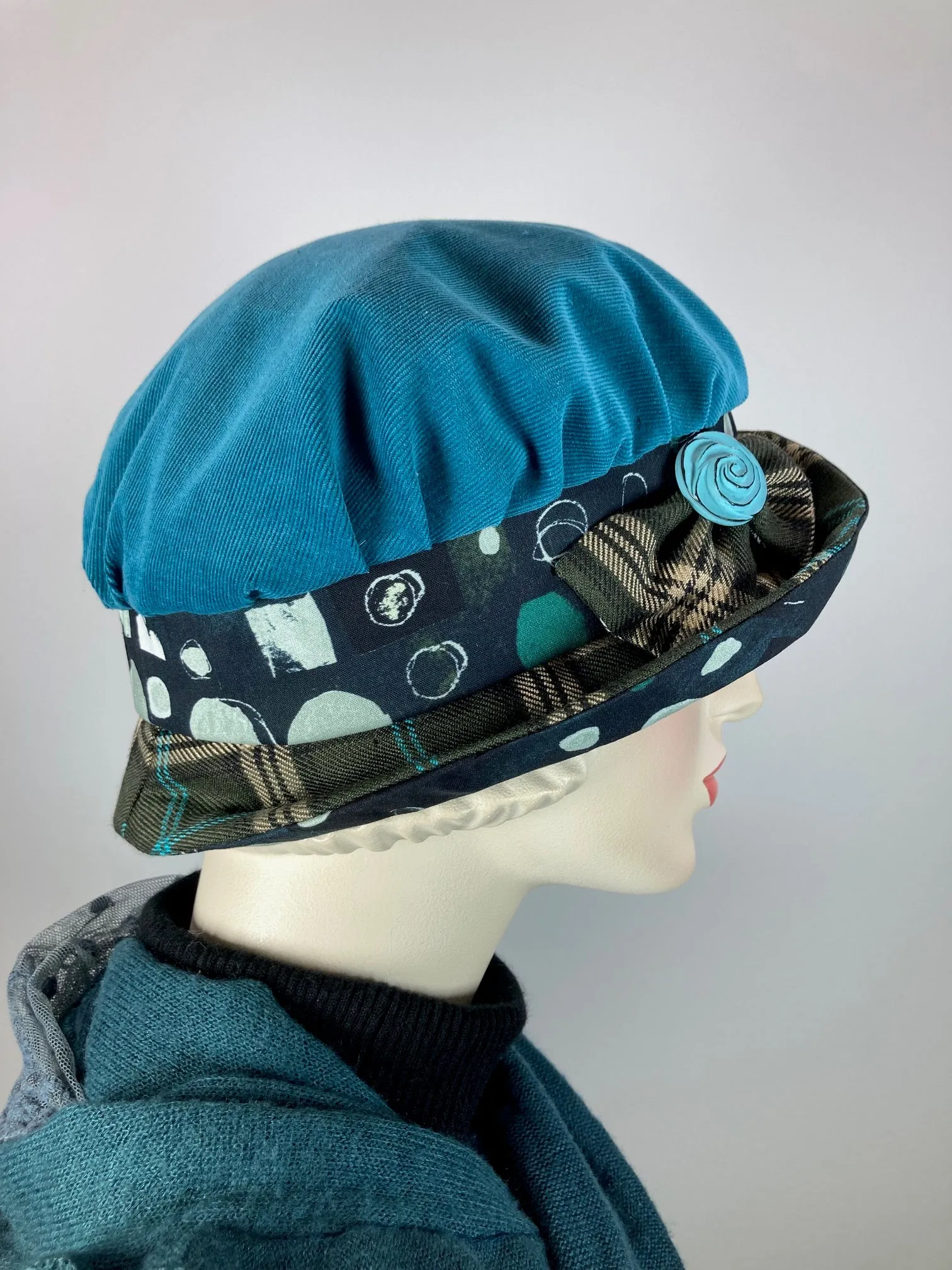Downton Abbey Hat. Shabby chic hat. Teal black Cloche Hat. Winter bucket hat. Stylish Fabric Hat. Womens Travel Hat. Great Gatsby Hat.