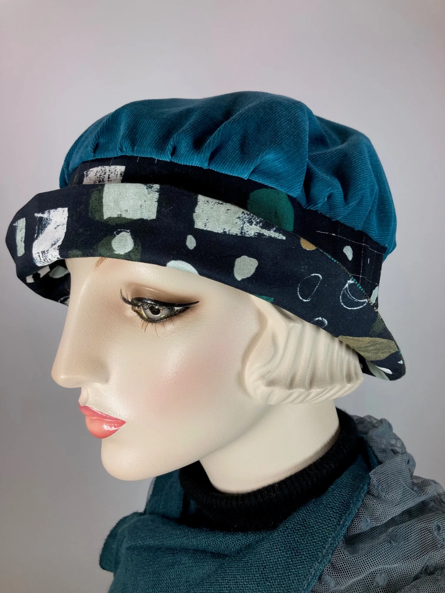 Downton Abbey Hat. Shabby chic hat. Teal black Cloche Hat. Winter bucket hat. Stylish Fabric Hat. Womens Travel Hat. Great Gatsby Hat.