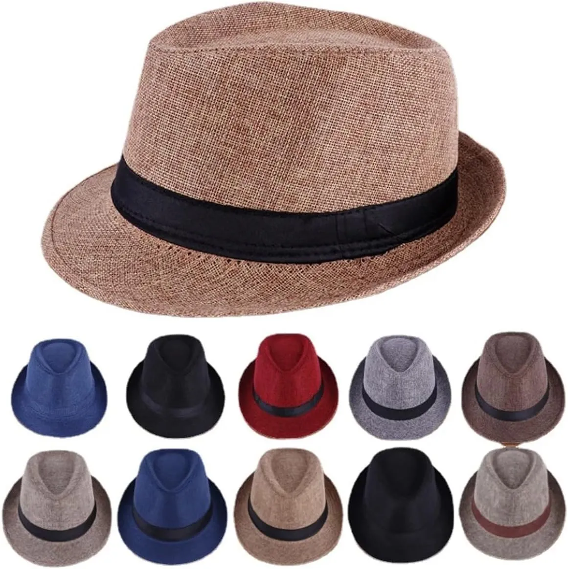 ECYC Ltd Unisex Linen Fedora Hat, Panama Trilby Hat Short Brim Summer Fedora Hat Jazz Casual Hats Sun Cap for Men Women