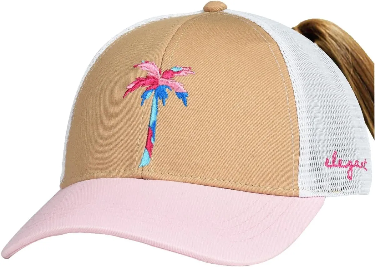 EDTREK Womens Beach Trucker Hats with Ponytail Opening - Palm Snapback Baseball Cap hat - Summer Sun Hat