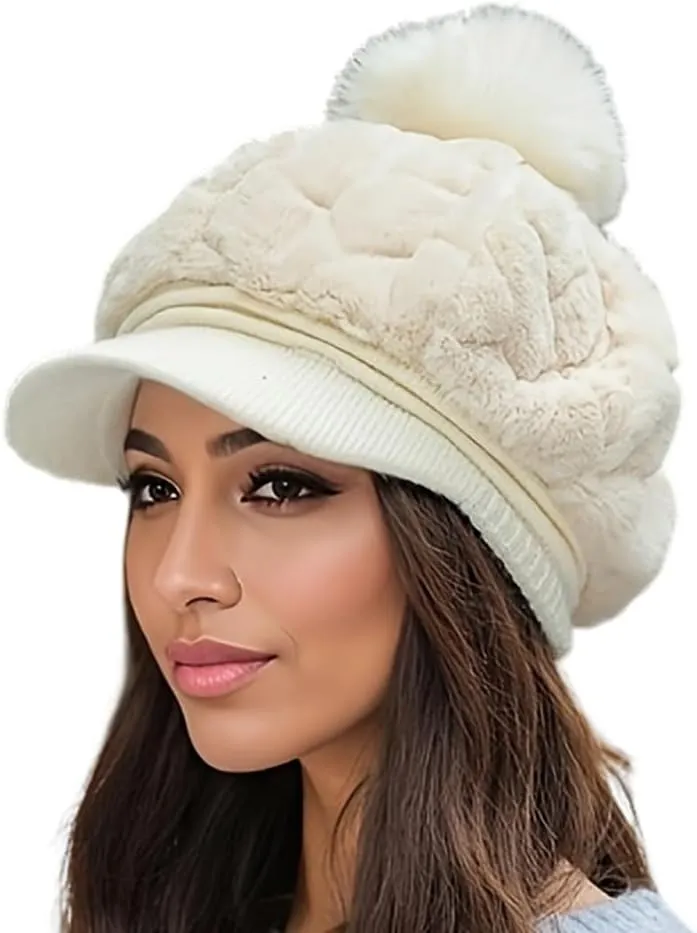 Eforcase Women Winter Faux Fur Fuzzy Hat with Pom Pom Fluffy Warm Hat Beanie Knit Warm Winter Hat Snow Cap for Cold Weather