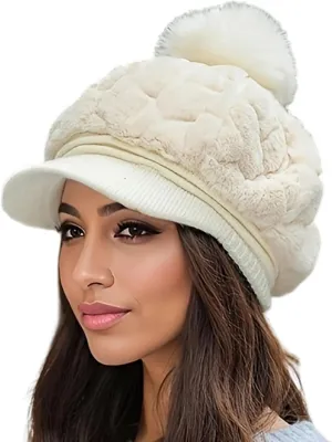Eforcase Women Winter Faux Fur Fuzzy Hat with Pom Pom Fluffy Warm Hat Beanie Knit Warm Winter Hat Snow Cap for Cold Weather