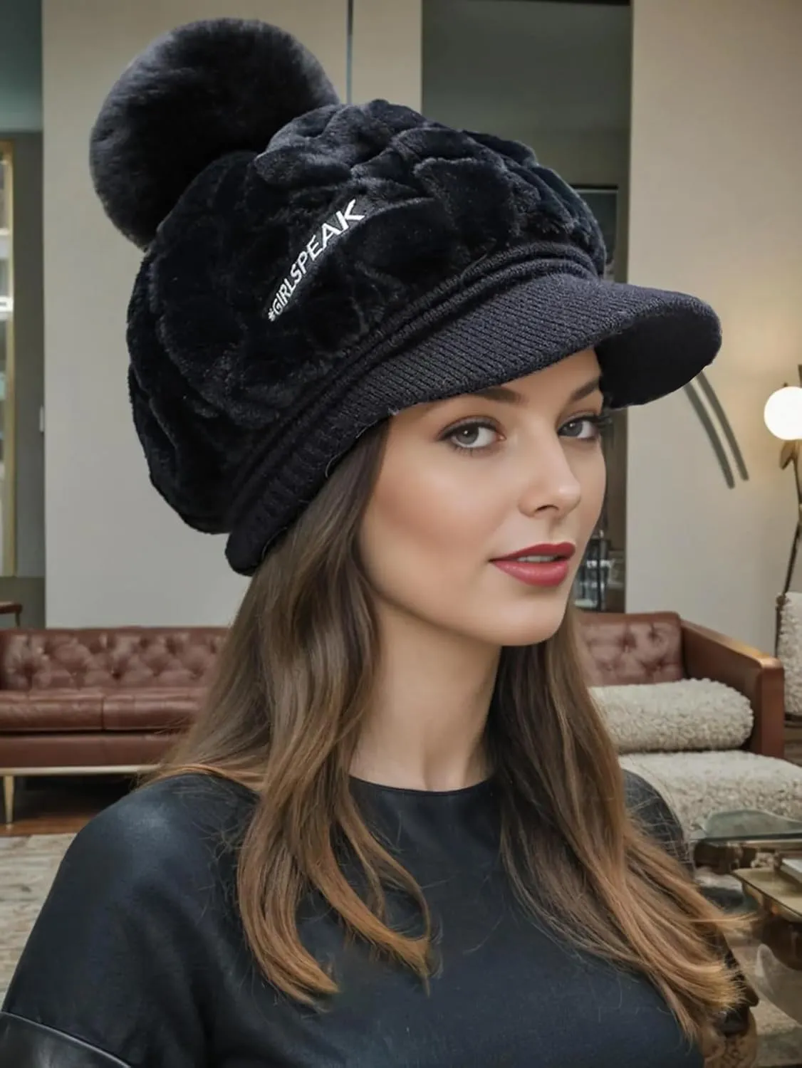 Eforcase Women Winter Faux Fur Fuzzy Hat with Pom Pom Fluffy Warm Hat Beanie Knit Warm Winter Hat Snow Cap for Cold Weather
