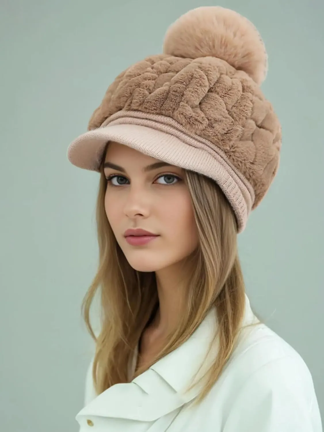 Eforcase Women Winter Faux Fur Fuzzy Hat with Pom Pom Fluffy Warm Hat Beanie Knit Warm Winter Hat Snow Cap for Cold Weather