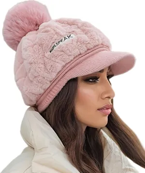 Eforcase Women Winter Faux Fur Fuzzy Hat with Pom Pom Fluffy Warm Hat Beanie Knit Warm Winter Hat Snow Cap for Cold Weather