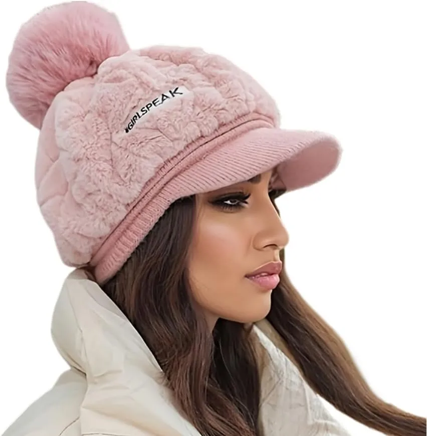 Eforcase Women Winter Faux Fur Fuzzy Hat with Pom Pom Fluffy Warm Hat Beanie Knit Warm Winter Hat Snow Cap for Cold Weather