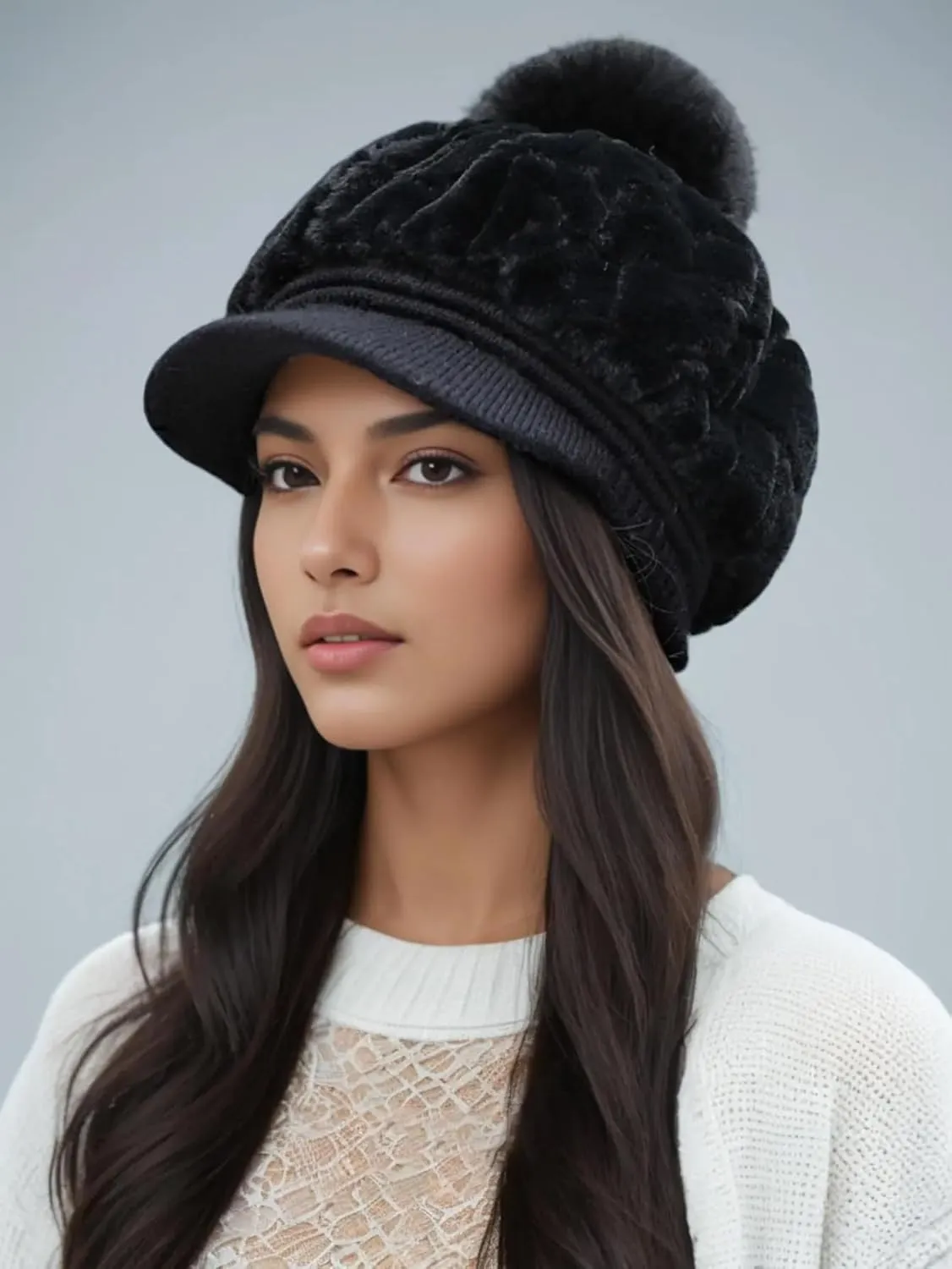 Eforcase Women Winter Faux Fur Fuzzy Hat with Pom Pom Fluffy Warm Hat Beanie Knit Warm Winter Hat Snow Cap for Cold Weather