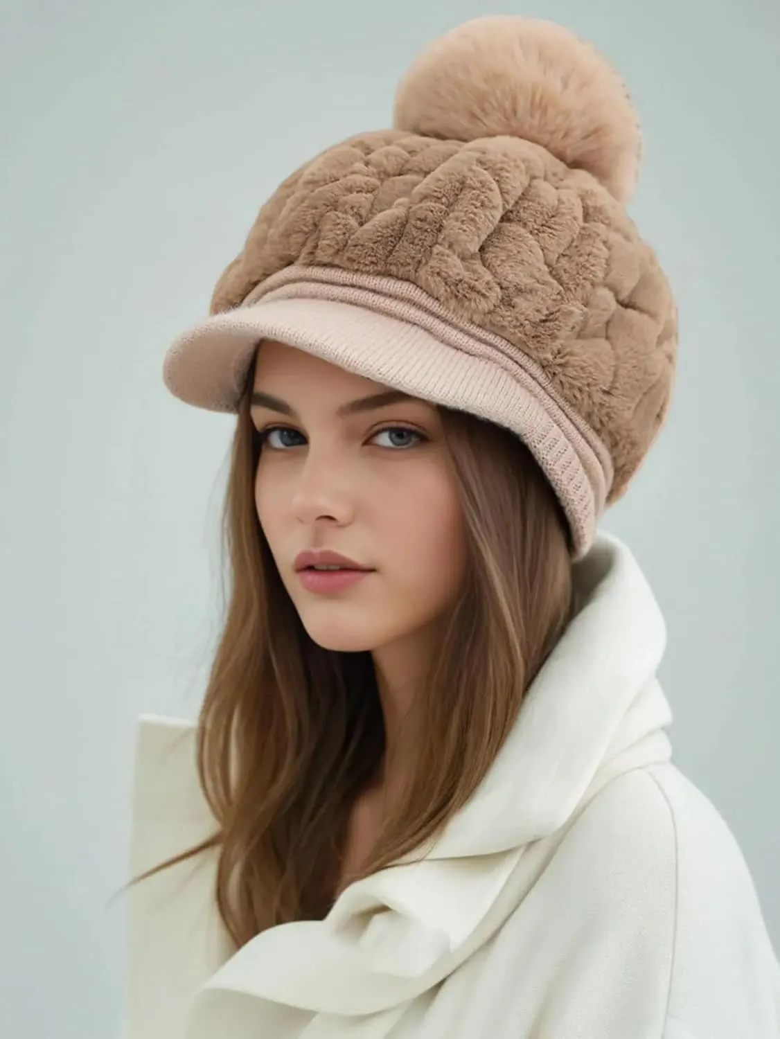 Eforcase Women Winter Faux Fur Fuzzy Hat with Pom Pom Fluffy Warm Hat Beanie Knit Warm Winter Hat Snow Cap for Cold Weather