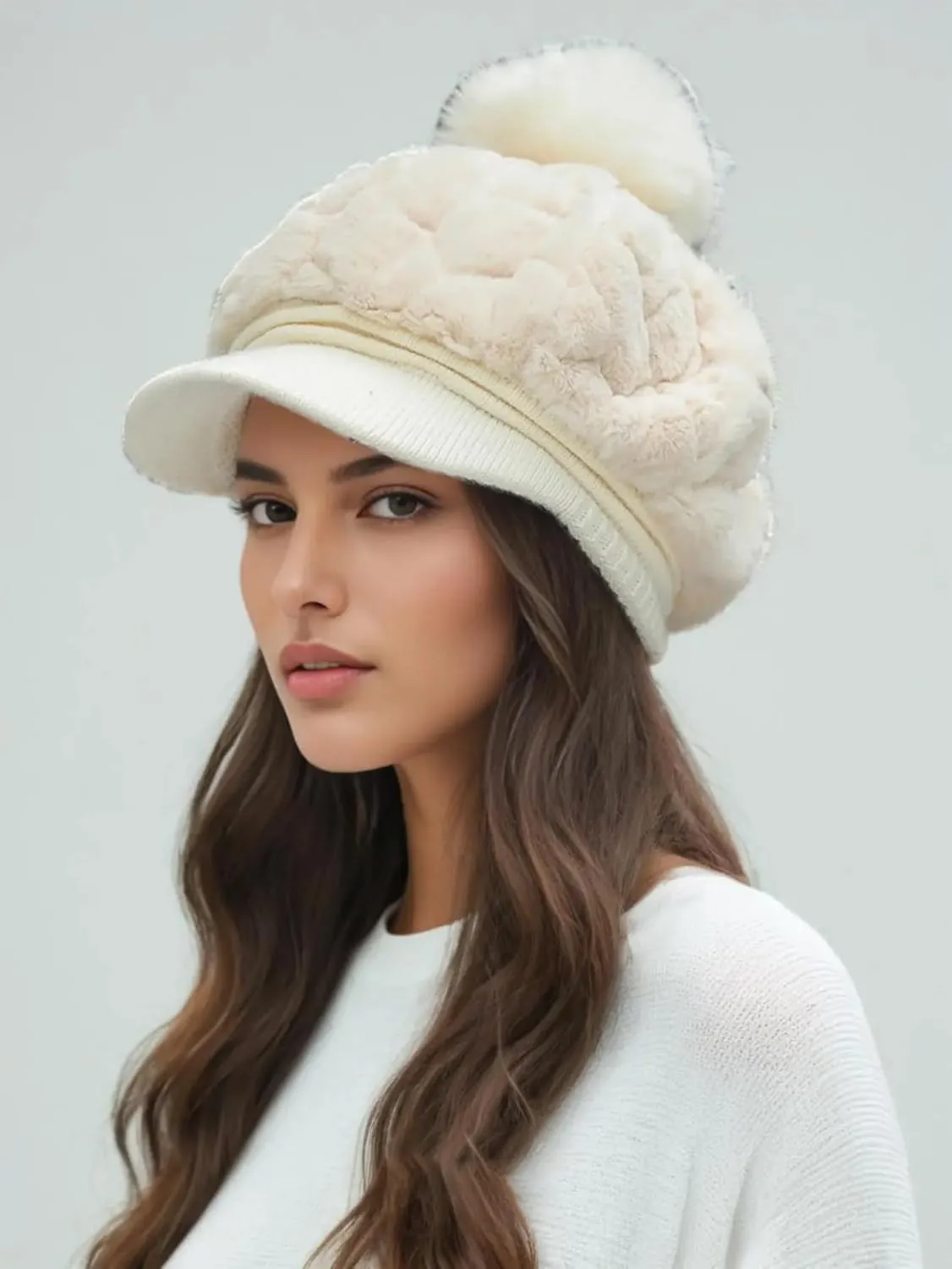 Eforcase Women Winter Faux Fur Fuzzy Hat with Pom Pom Fluffy Warm Hat Beanie Knit Warm Winter Hat Snow Cap for Cold Weather