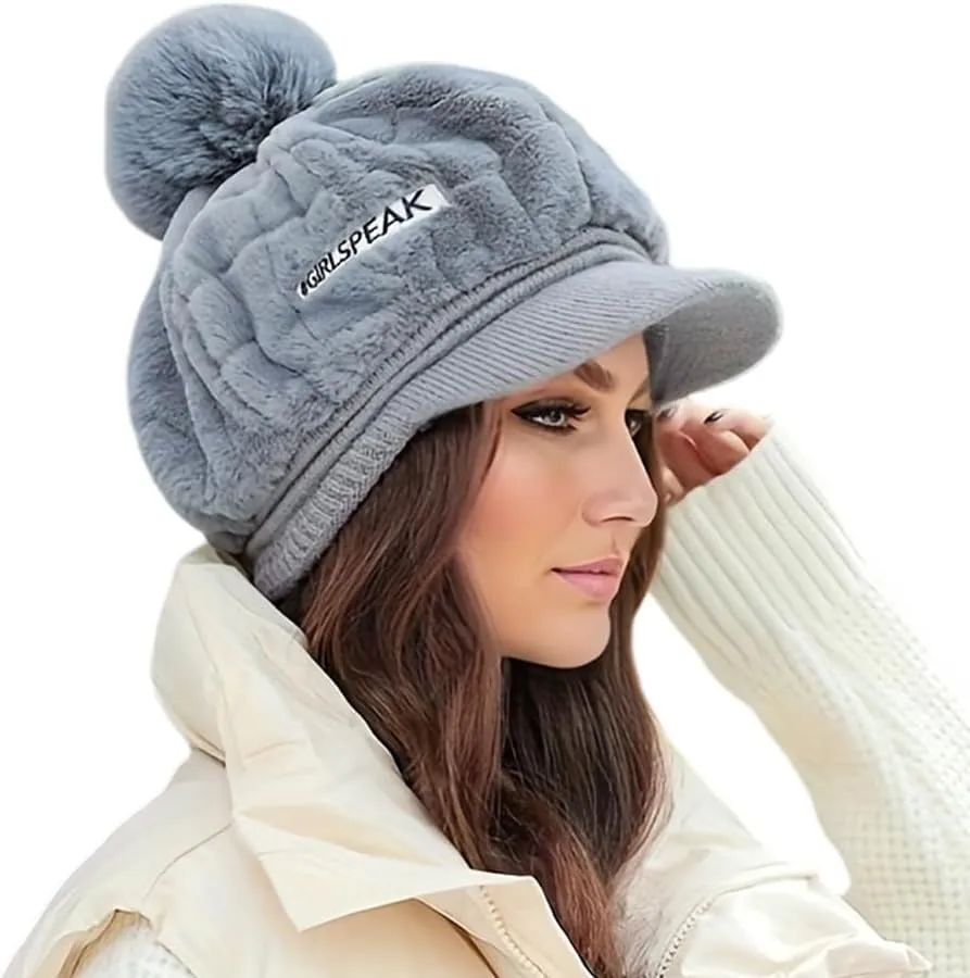 Eforcase Women Winter Faux Fur Fuzzy Hat with Pom Pom Fluffy Warm Hat Beanie Knit Warm Winter Hat Snow Cap for Cold Weather