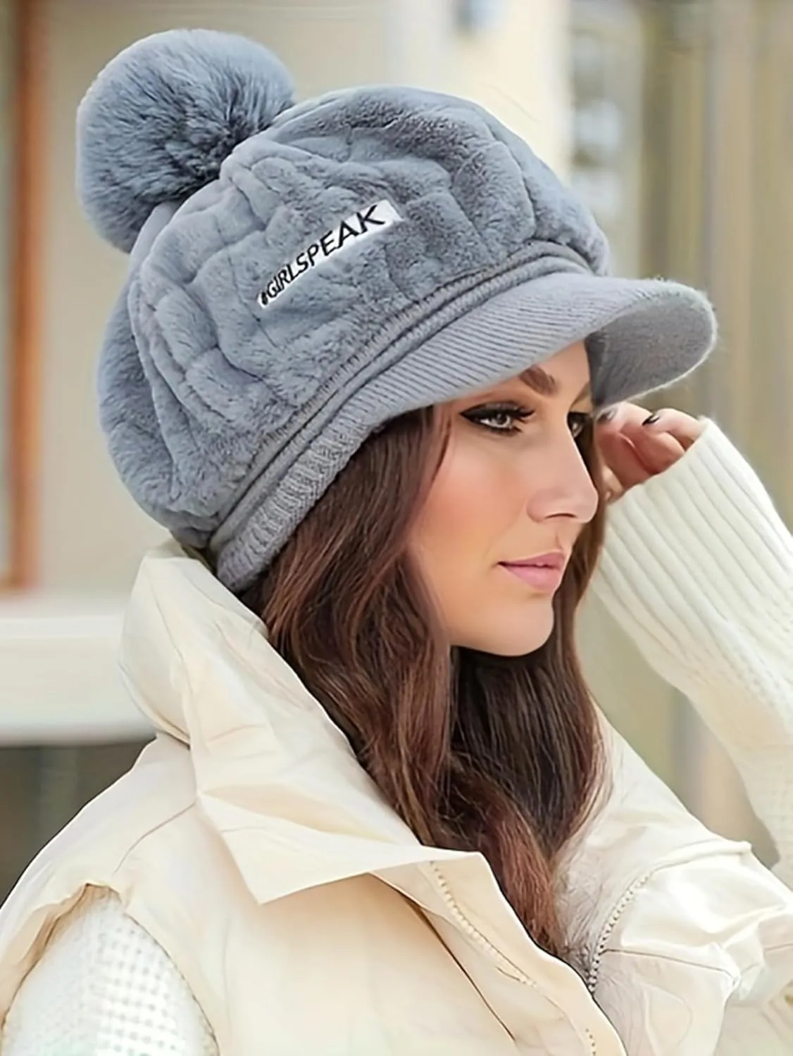 Eforcase Women Winter Faux Fur Fuzzy Hat with Pom Pom Fluffy Warm Hat Beanie Knit Warm Winter Hat Snow Cap for Cold Weather