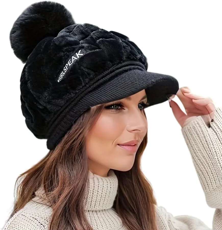Eforcase Women Winter Faux Fur Fuzzy Hat with Pom Pom Fluffy Warm Hat Beanie Knit Warm Winter Hat Snow Cap for Cold Weather