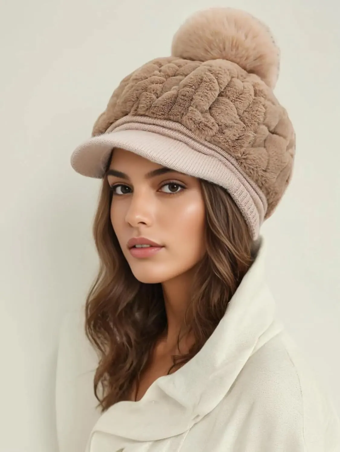 Eforcase Women Winter Faux Fur Fuzzy Hat with Pom Pom Fluffy Warm Hat Beanie Knit Warm Winter Hat Snow Cap for Cold Weather