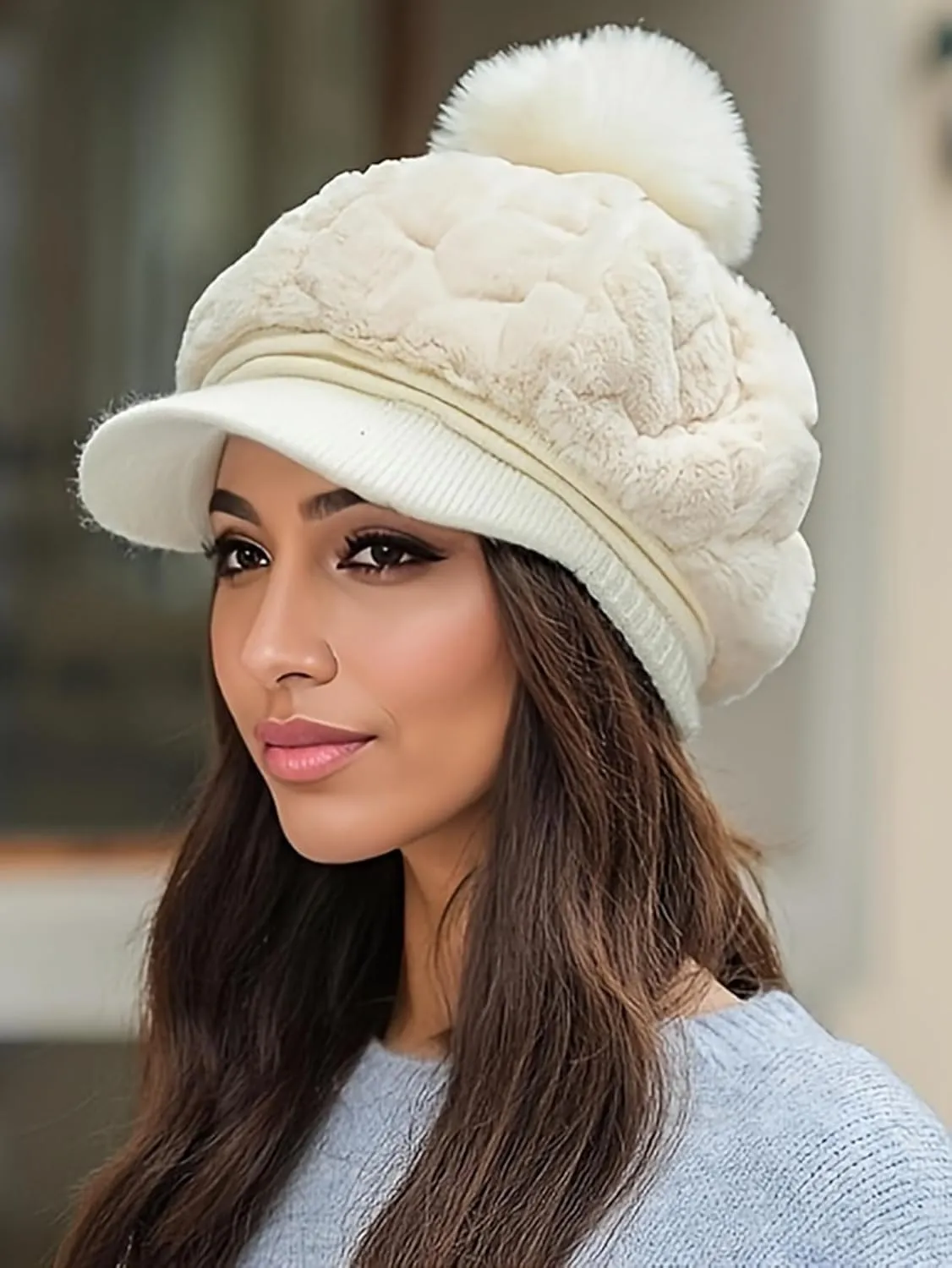 Eforcase Women Winter Faux Fur Fuzzy Hat with Pom Pom Fluffy Warm Hat Beanie Knit Warm Winter Hat Snow Cap for Cold Weather