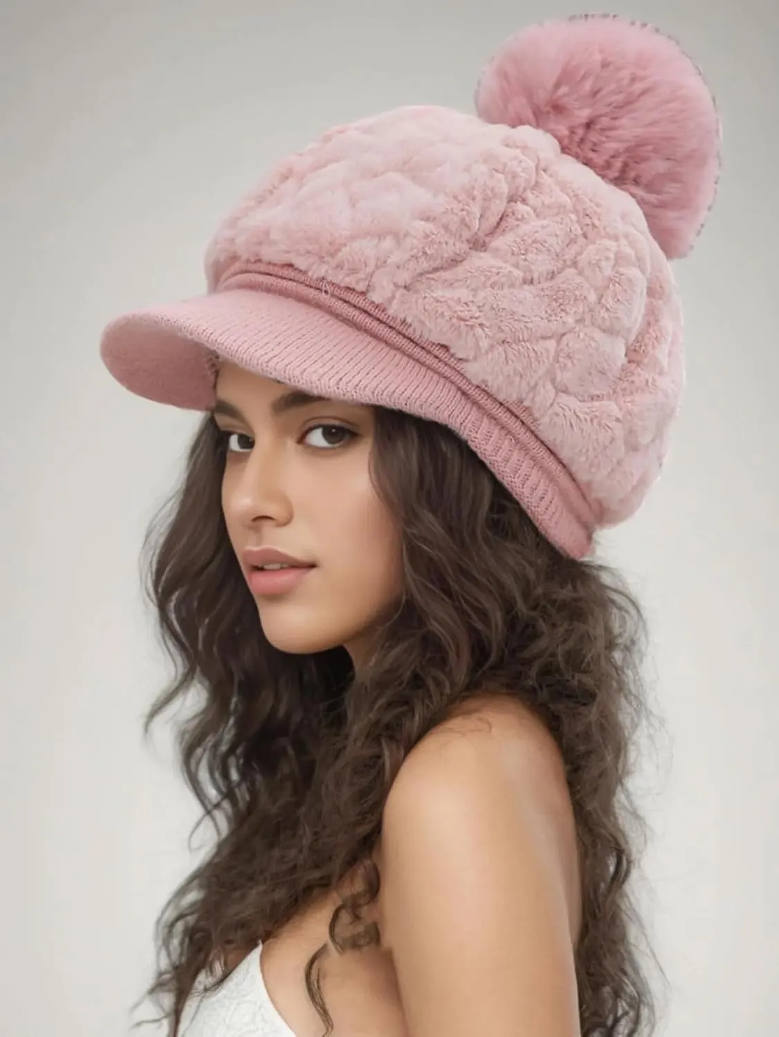 Eforcase Women Winter Faux Fur Fuzzy Hat with Pom Pom Fluffy Warm Hat Beanie Knit Warm Winter Hat Snow Cap for Cold Weather