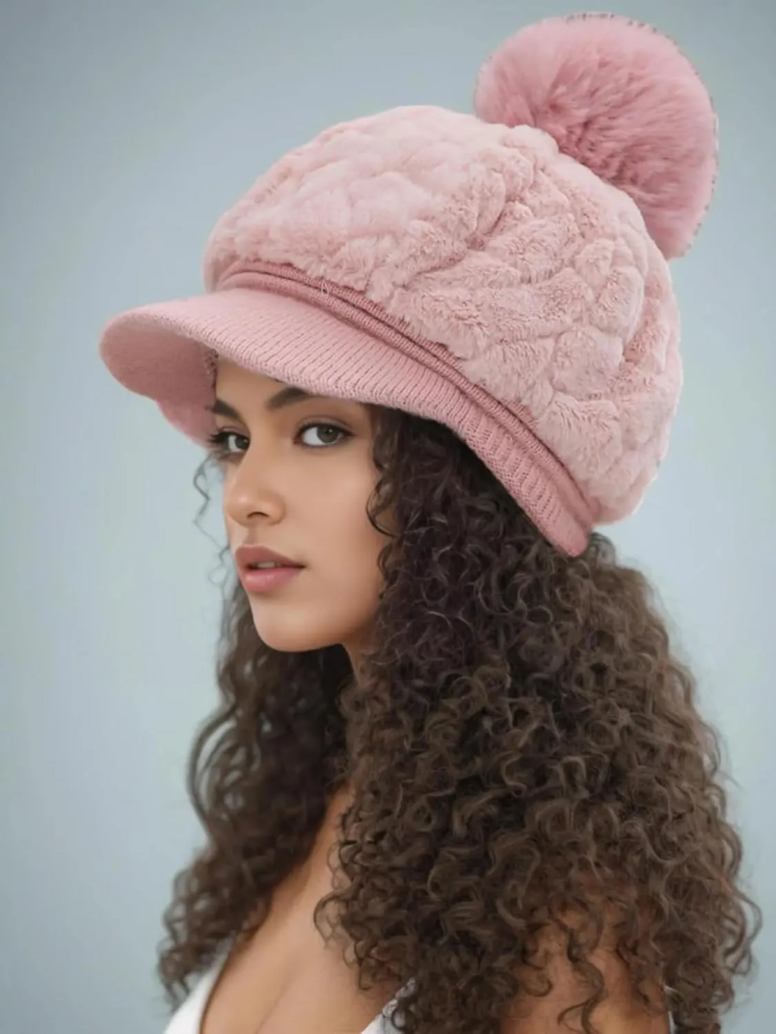 Eforcase Women Winter Faux Fur Fuzzy Hat with Pom Pom Fluffy Warm Hat Beanie Knit Warm Winter Hat Snow Cap for Cold Weather