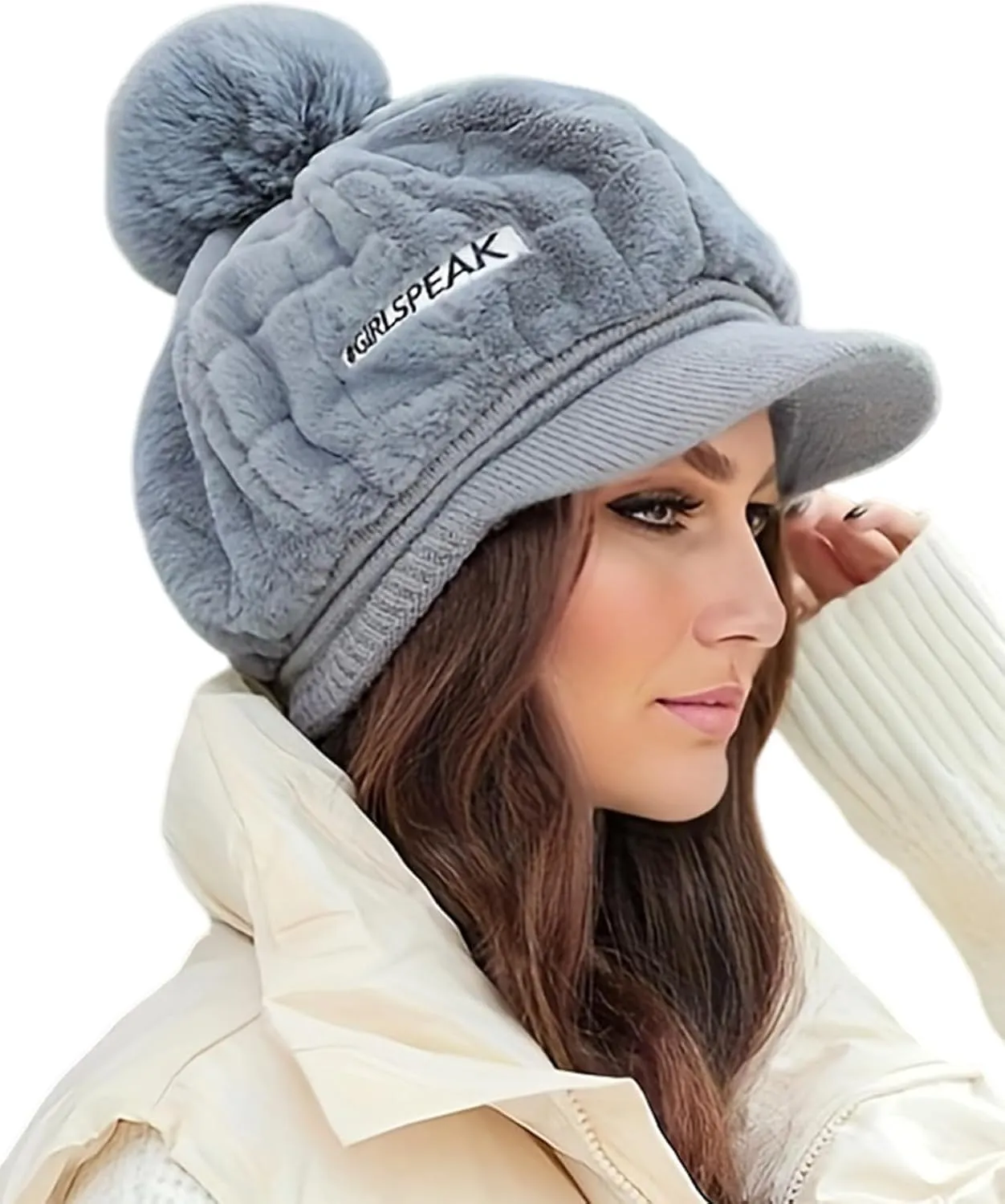 Eforcase Women Winter Faux Fur Fuzzy Hat with Pom Pom Fluffy Warm Hat Beanie Knit Warm Winter Hat Snow Cap for Cold Weather