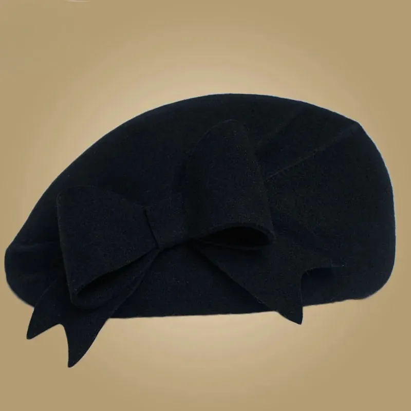 Elegant Wool Felt Beret Cap Ladies Pillbox Vintage Hat with Bow