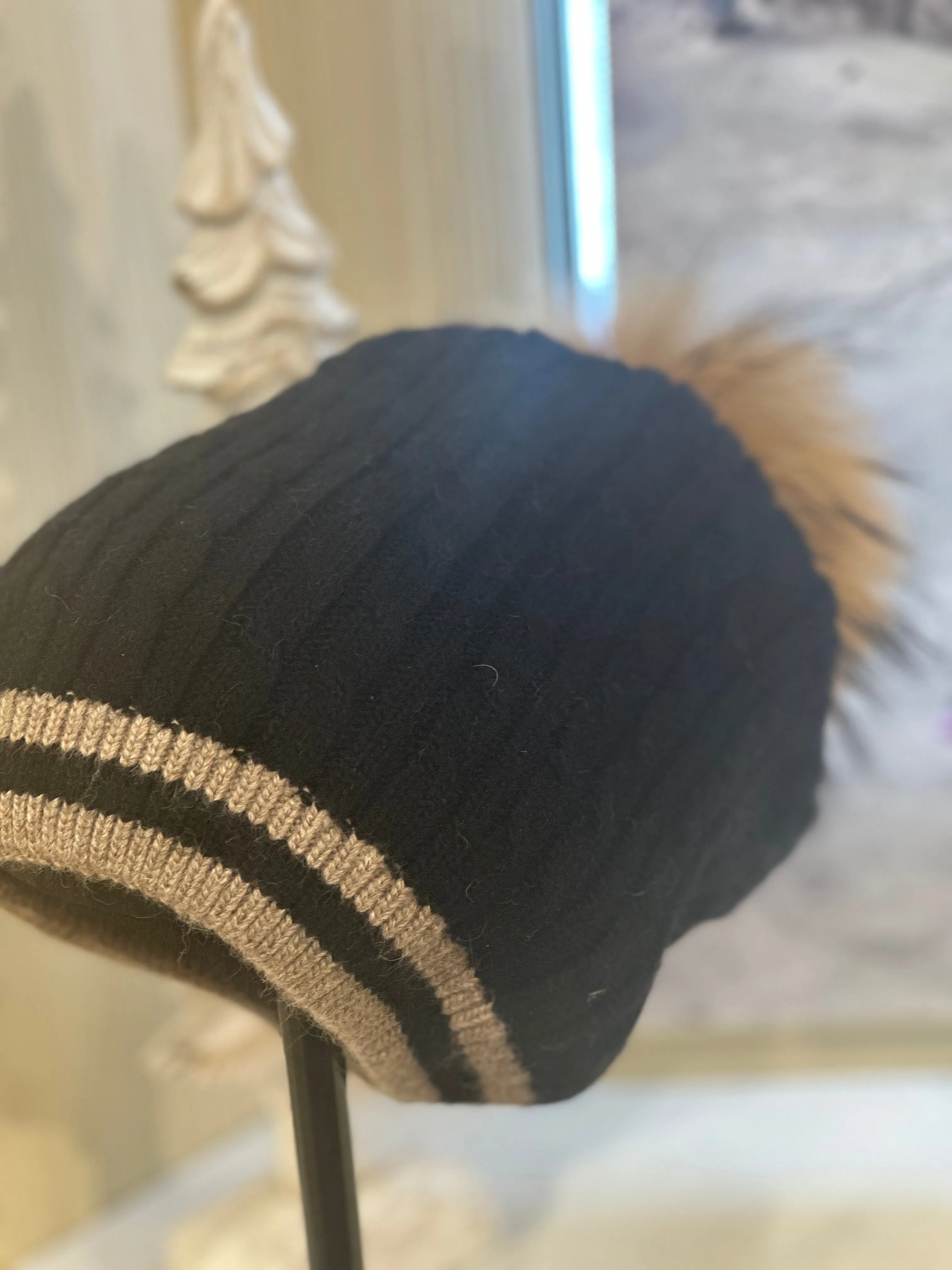 Espresso Cable Beanie Hat black cable hat with espresso raccoon pom