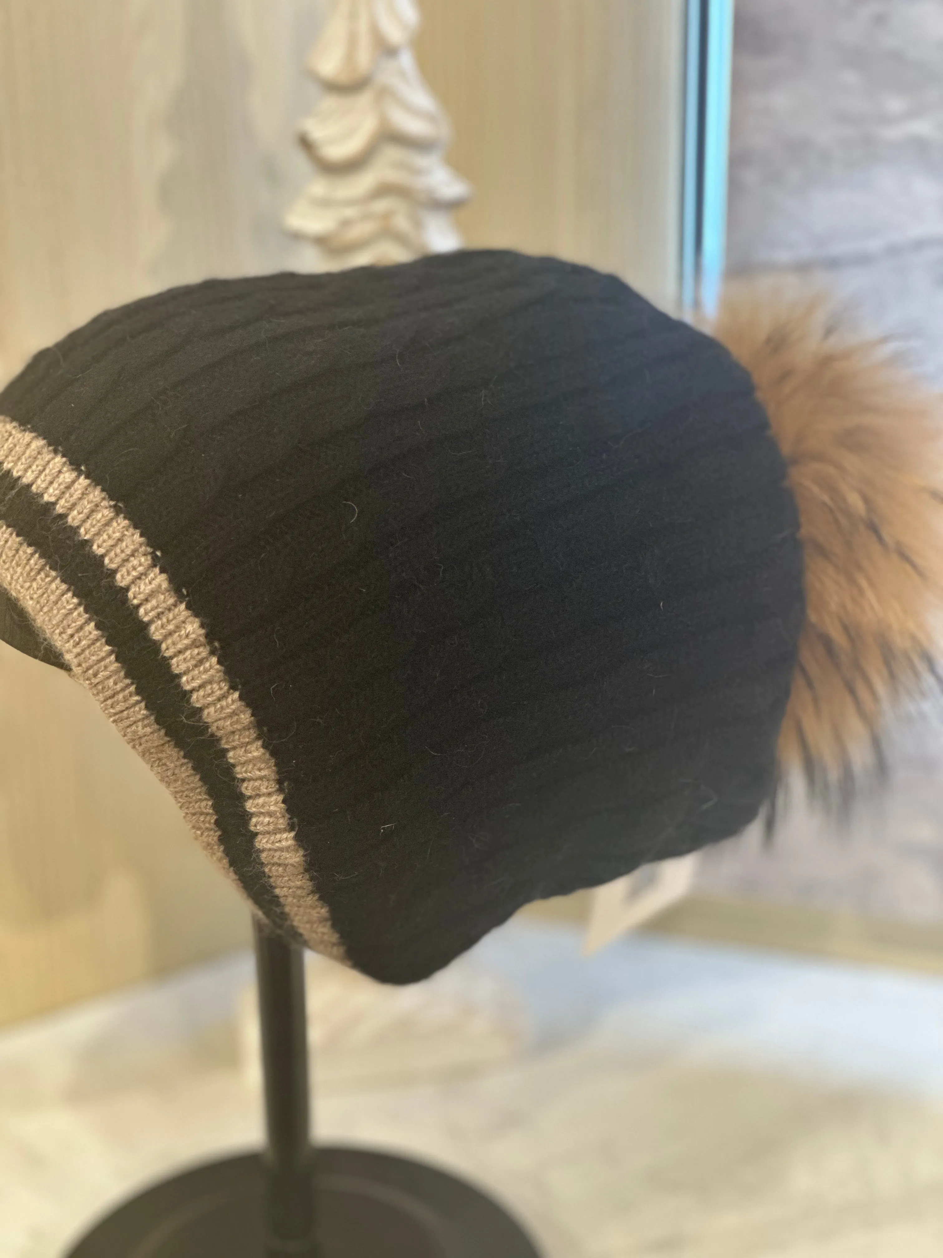 Espresso Cable Beanie Hat black cable hat with espresso raccoon pom