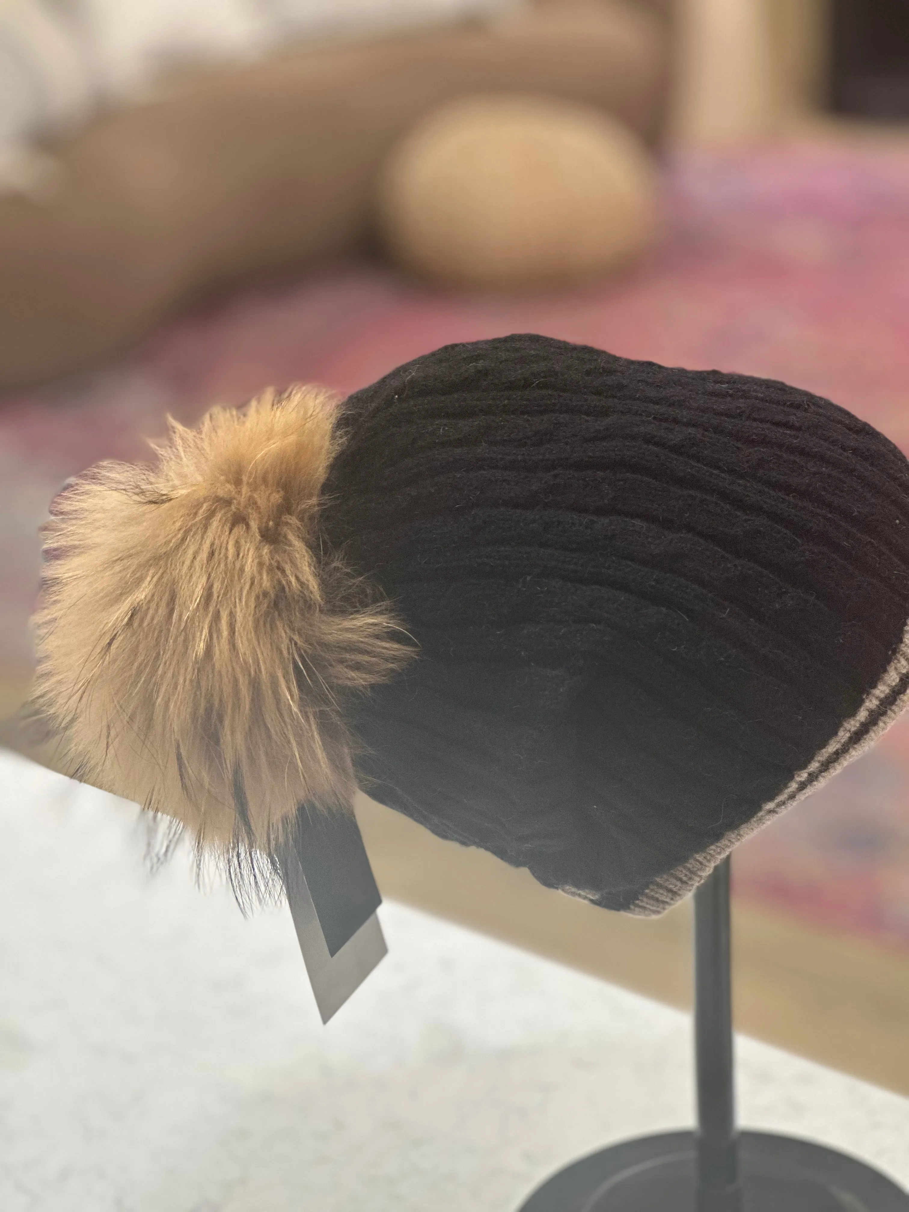 Espresso Cable Beanie Hat black cable hat with espresso raccoon pom
