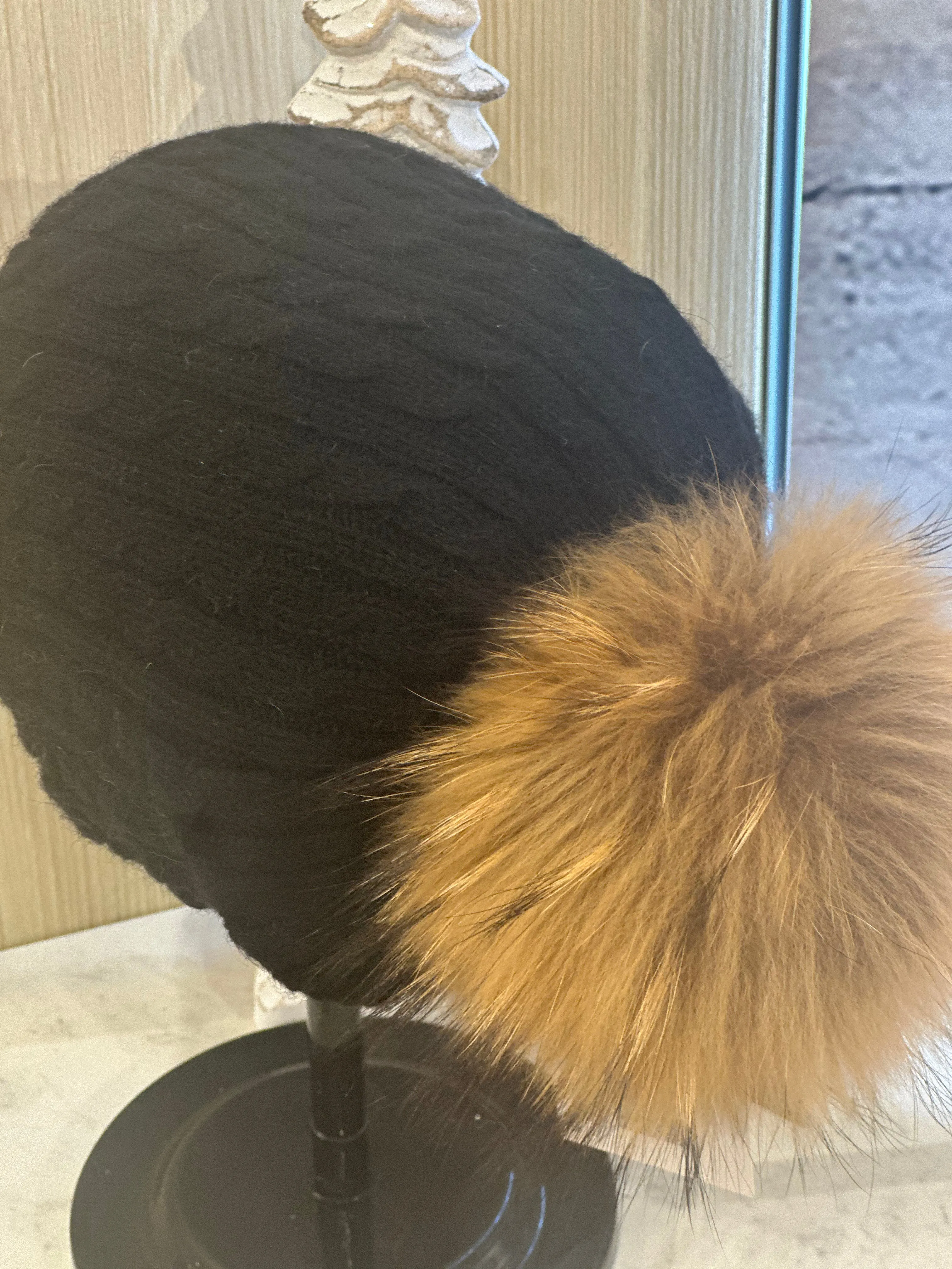 Espresso Cable Beanie Hat black cable hat with espresso raccoon pom