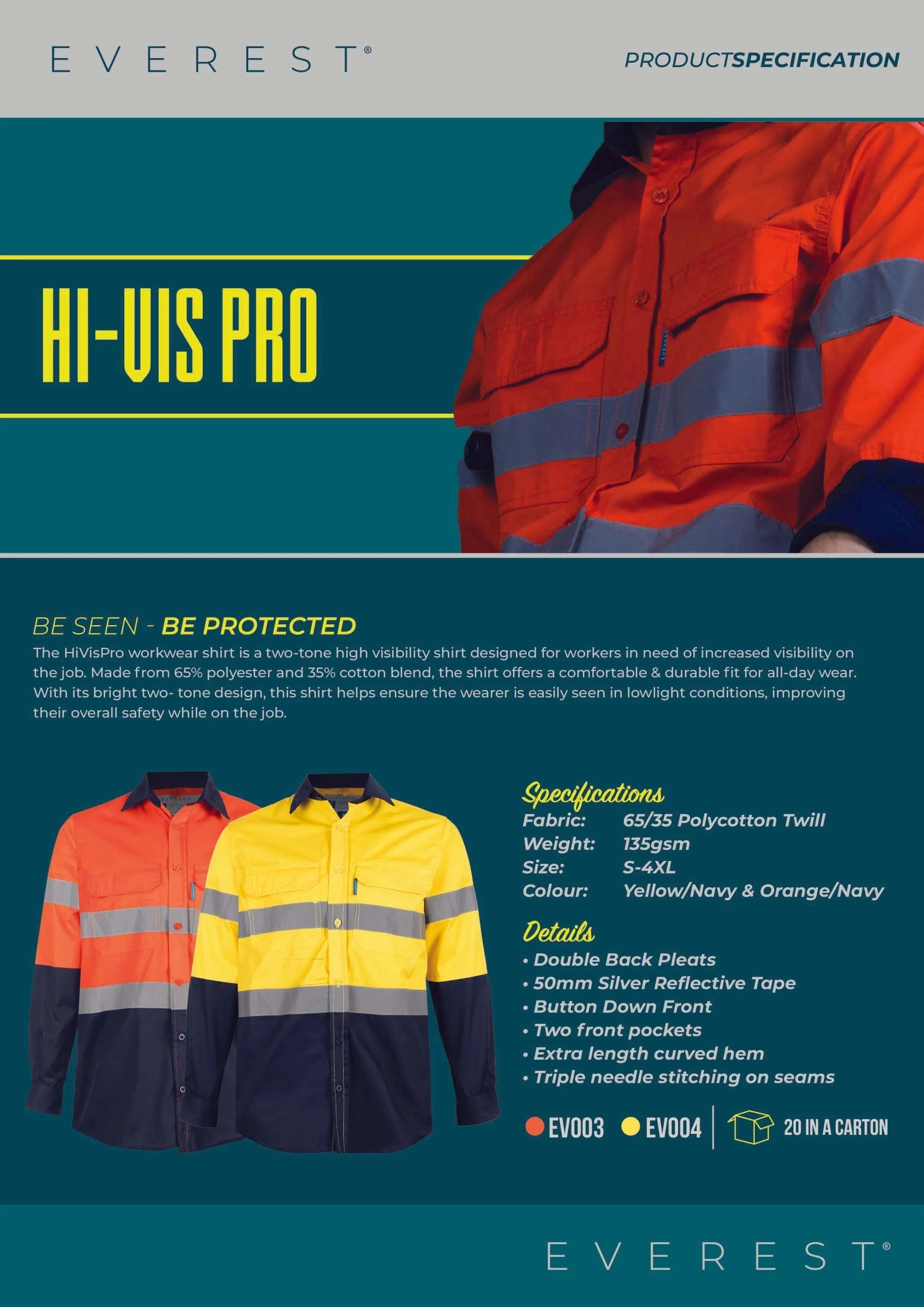 EVEREST Safety Shirt High Visibility Long Sleeve Orange/Navy