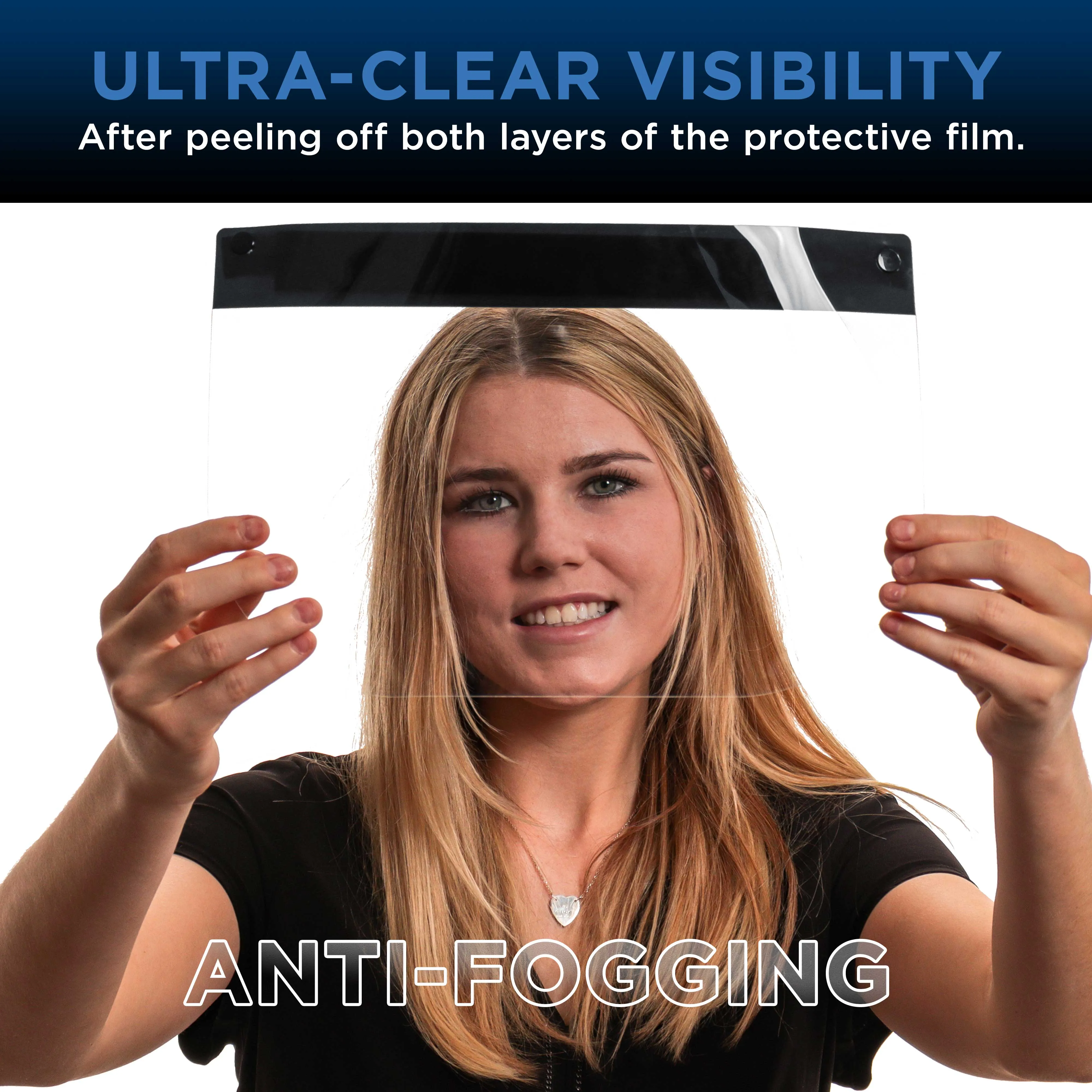 Face Shields - Case of 20 Packs (200 Black Shields) - Ultra Clear Protective Full Face Shields to Protect Eyes, Nose and Mouth - Anti-Fog PET Plastic