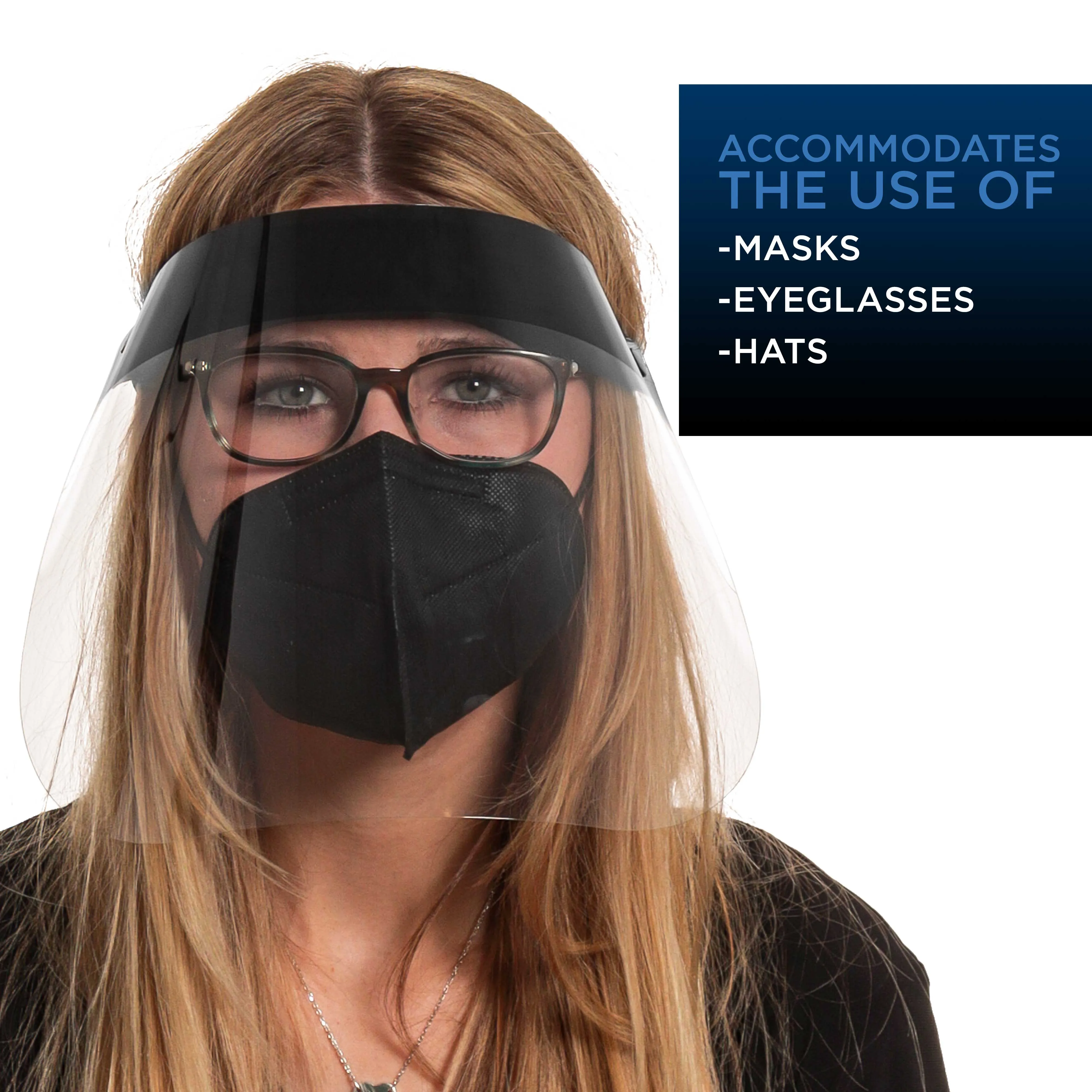 Face Shields - Case of 20 Packs (200 Black Shields) - Ultra Clear Protective Full Face Shields to Protect Eyes, Nose and Mouth - Anti-Fog PET Plastic
