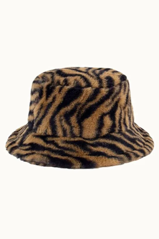 Faux Fur Fuzzy Textured Bucket Hat, Tiger