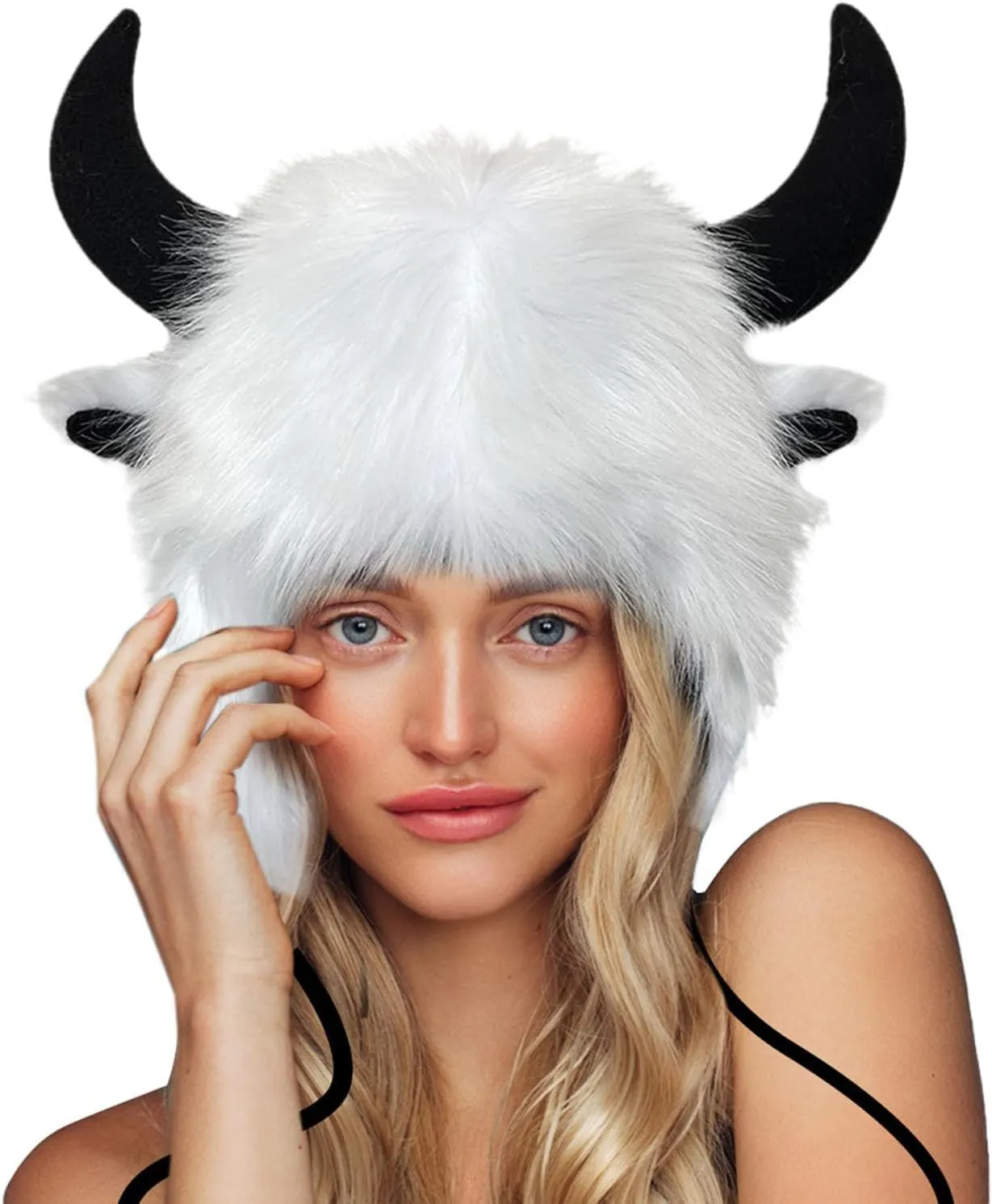 Faux Furry Cowhorn Hat Novelty Animal Hat Winter Warm Trapper Cap Ear with Earflap Windproof Thermal Ski Hat
