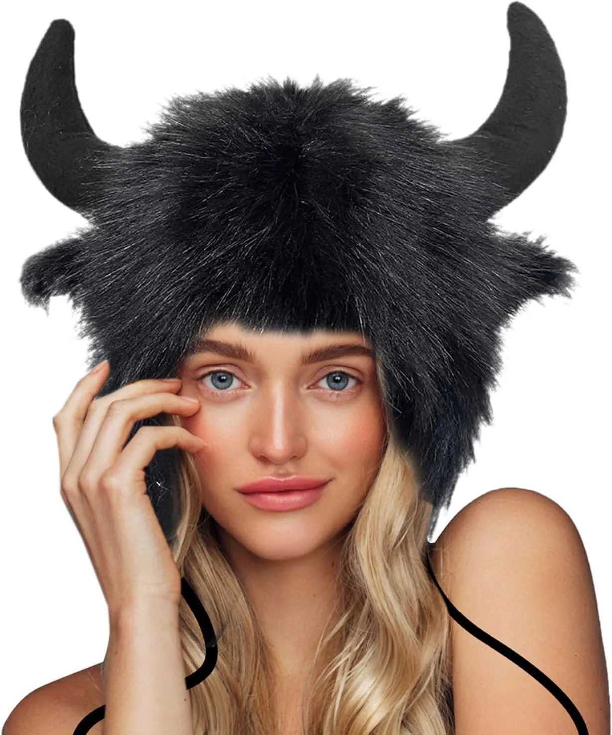 Faux Furry Cowhorn Hat Novelty Animal Hat Winter Warm Trapper Cap Ear with Earflap Windproof Thermal Ski Hat