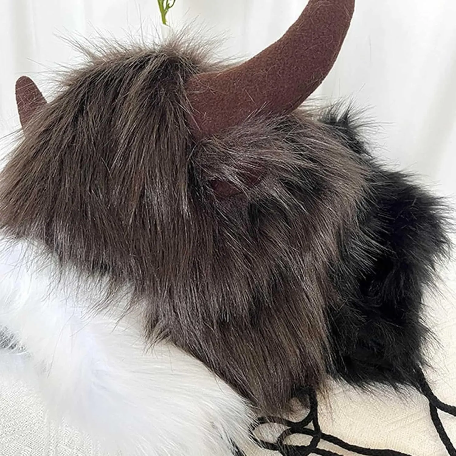 Faux Furry Cowhorn Hat Novelty Animal Hat Winter Warm Trapper Cap Ear with Earflap Windproof Thermal Ski Hat